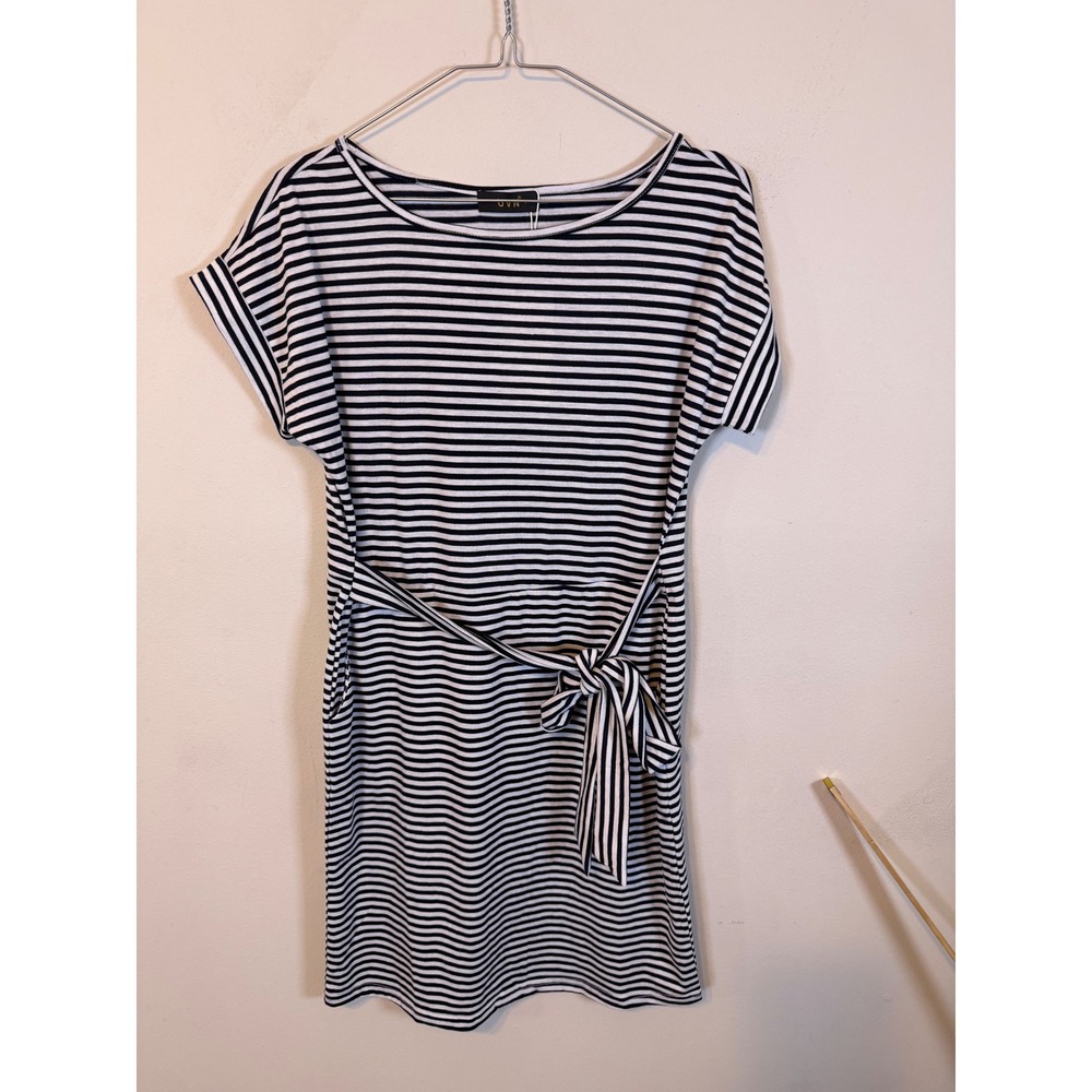 UVN Womens T-Shirt Dress Striped Tie Waist Black White Small NWT